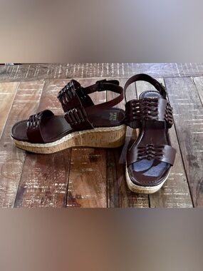 Frye & Co Brown Leather Woven Platform Wedge Sandals Women’s 8.5